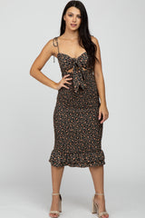 Black Floral Tied Front Cutout Smocked Maternity Dress