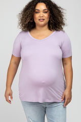 Lavender V-Neck Short Sleeve Maternity Plus Top