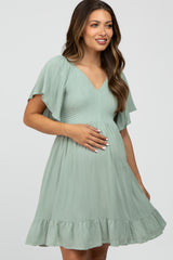 Mint Green Smocked Front Ruffle Hem Maternity Dress