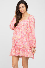 Pink Floral Long Sleeve Ruffle Hem Maternity Dress