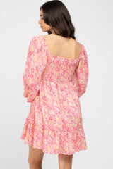 Pink Floral Long Sleeve Ruffle Hem Maternity Dress