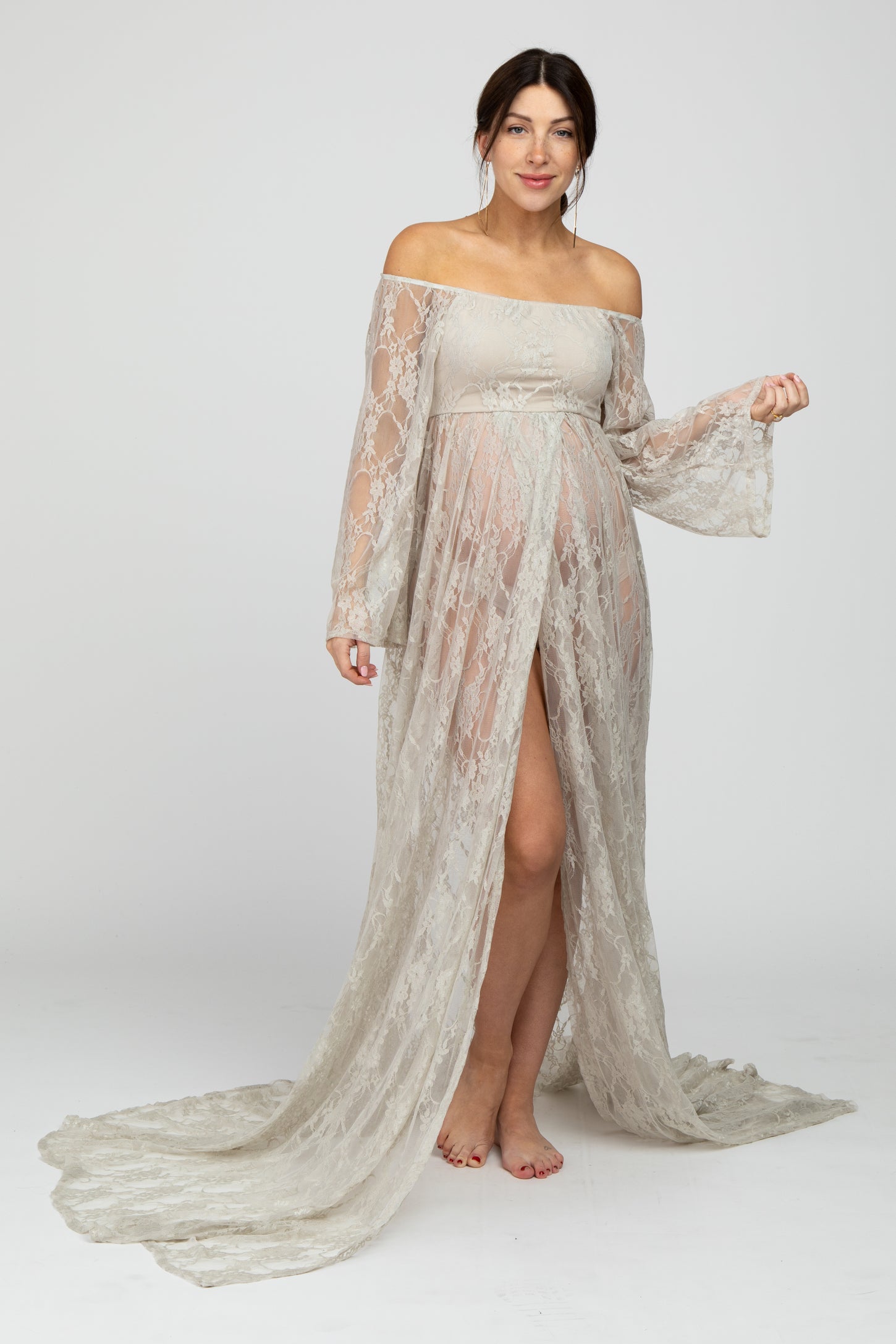 PinkBlush Taupe Lace Off Shoulder Maternity Photoshoot Gown/Dress