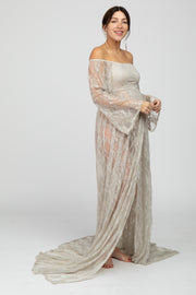 PinkBlush Taupe Lace Off Shoulder Maternity Photoshoot Gown/Dress