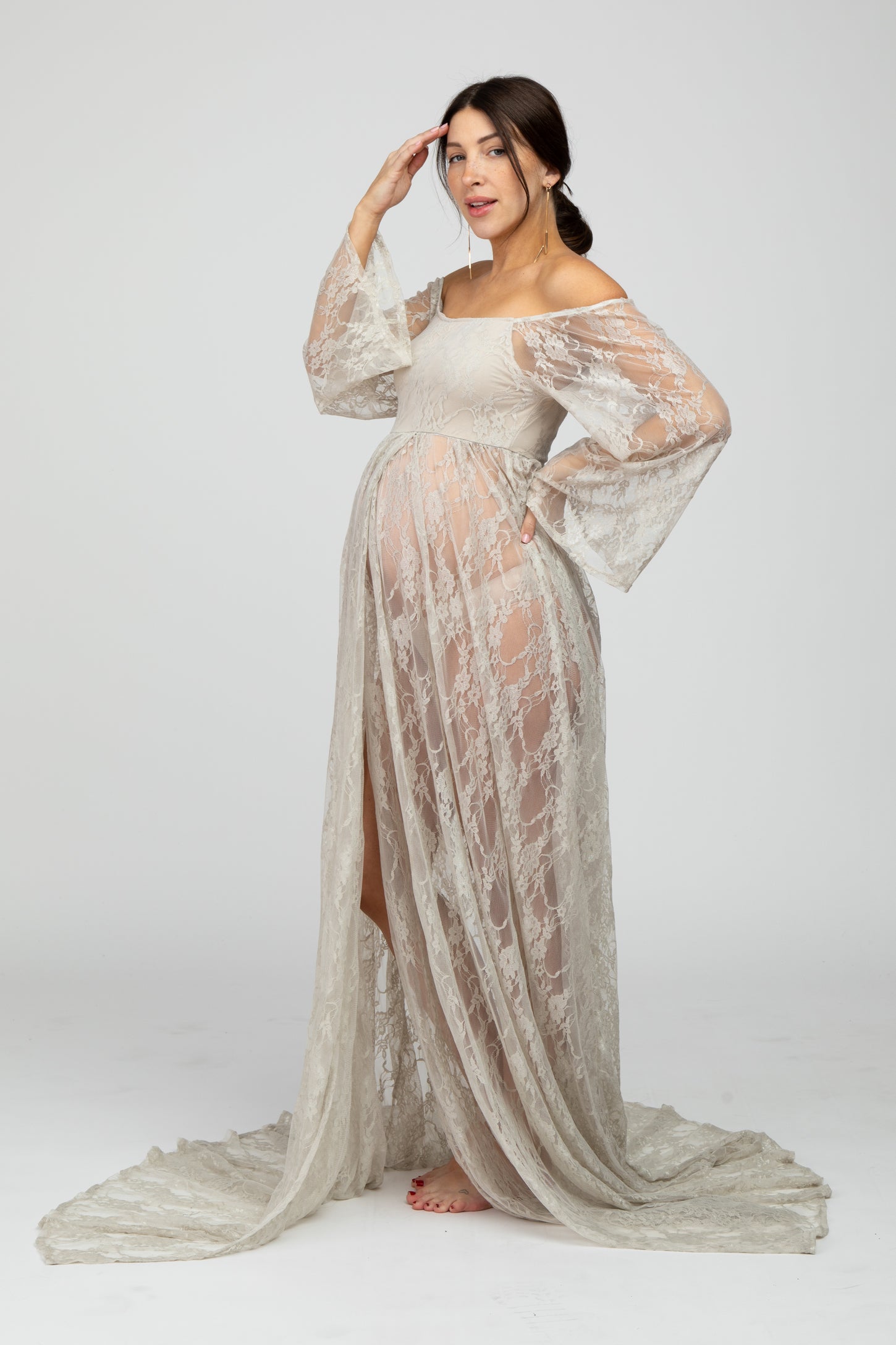 PinkBlush Taupe Lace Off Shoulder Maternity Photoshoot Gown/Dress