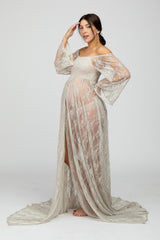 PinkBlush Taupe Lace Off Shoulder Maternity Photoshoot Gown/Dress