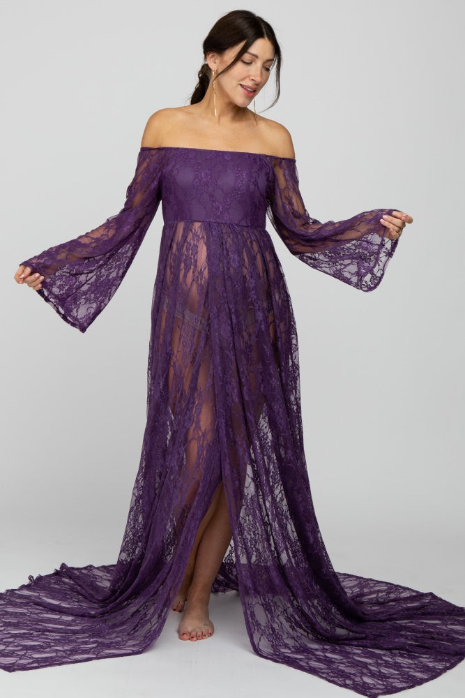 PinkBlush Plum Lace Off Shoulder Maternity Photoshoot Gown/Dress