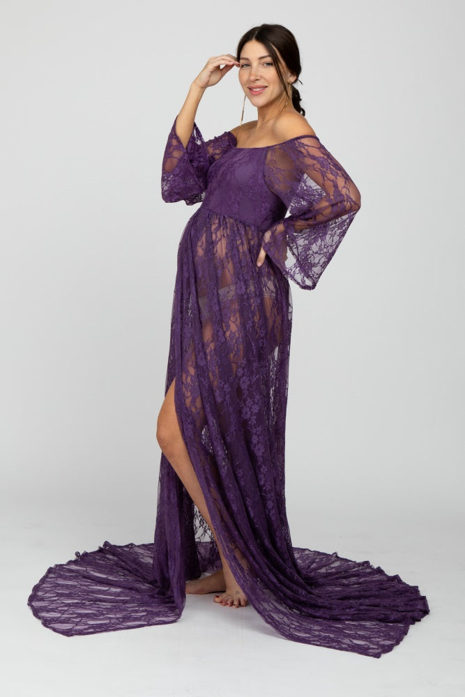 PinkBlush Plum Lace Off Shoulder Maternity Photoshoot Gown/Dress