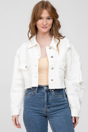 White Raw Hem Cropped Jean Jacket