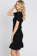 Black Smocked Puff Sleeve Dress