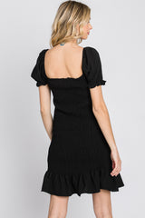 Black Smocked Puff Sleeve Dress