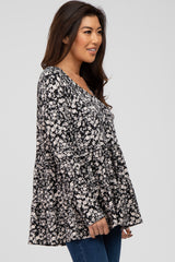 Black Floral Long Sleeve Tiered Top