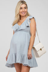 Light Blue Ruffle Back Tie Maternity Mini Dress
