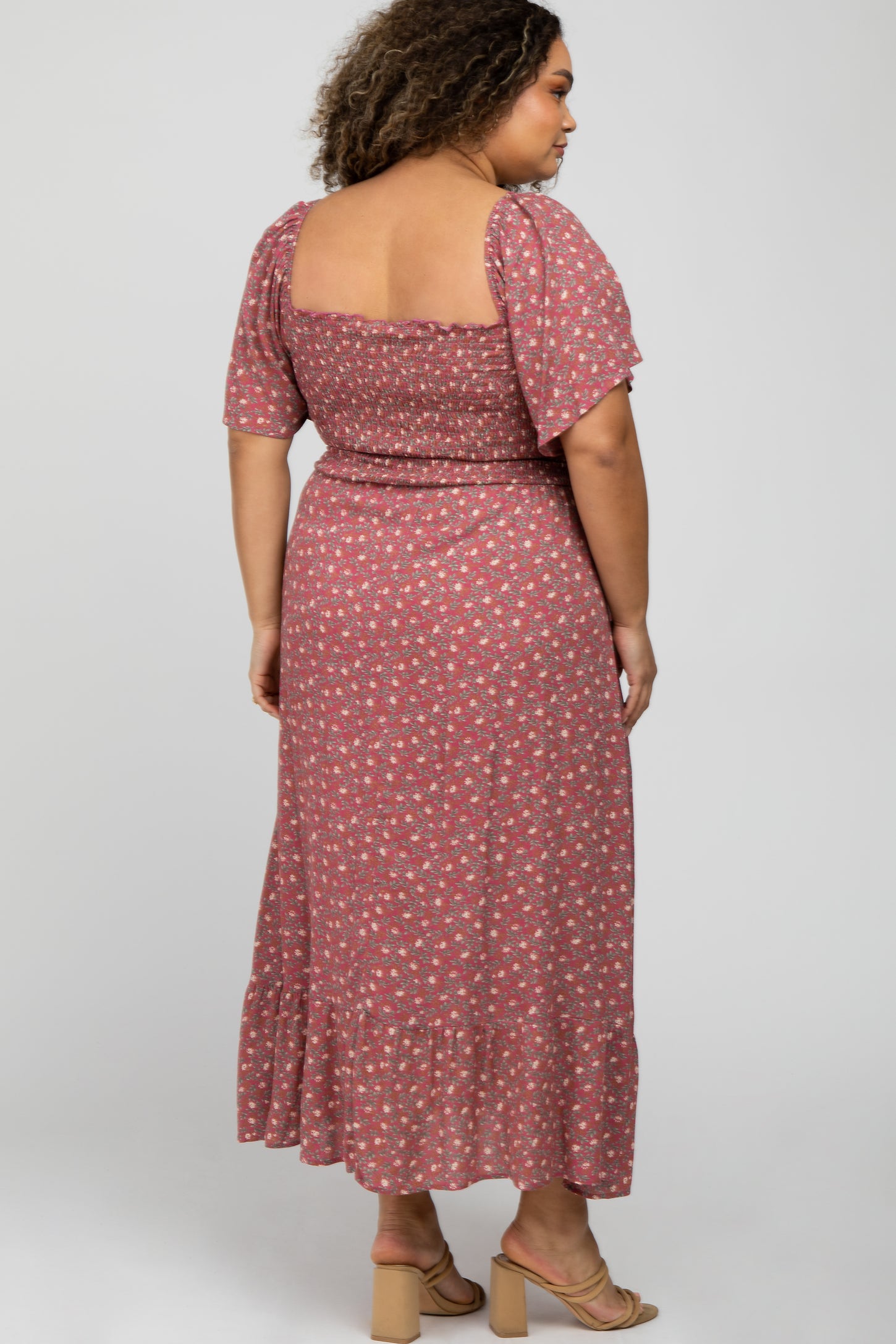 Mauve Floral Smocked Square Neck Maternity Plus Midi Dress