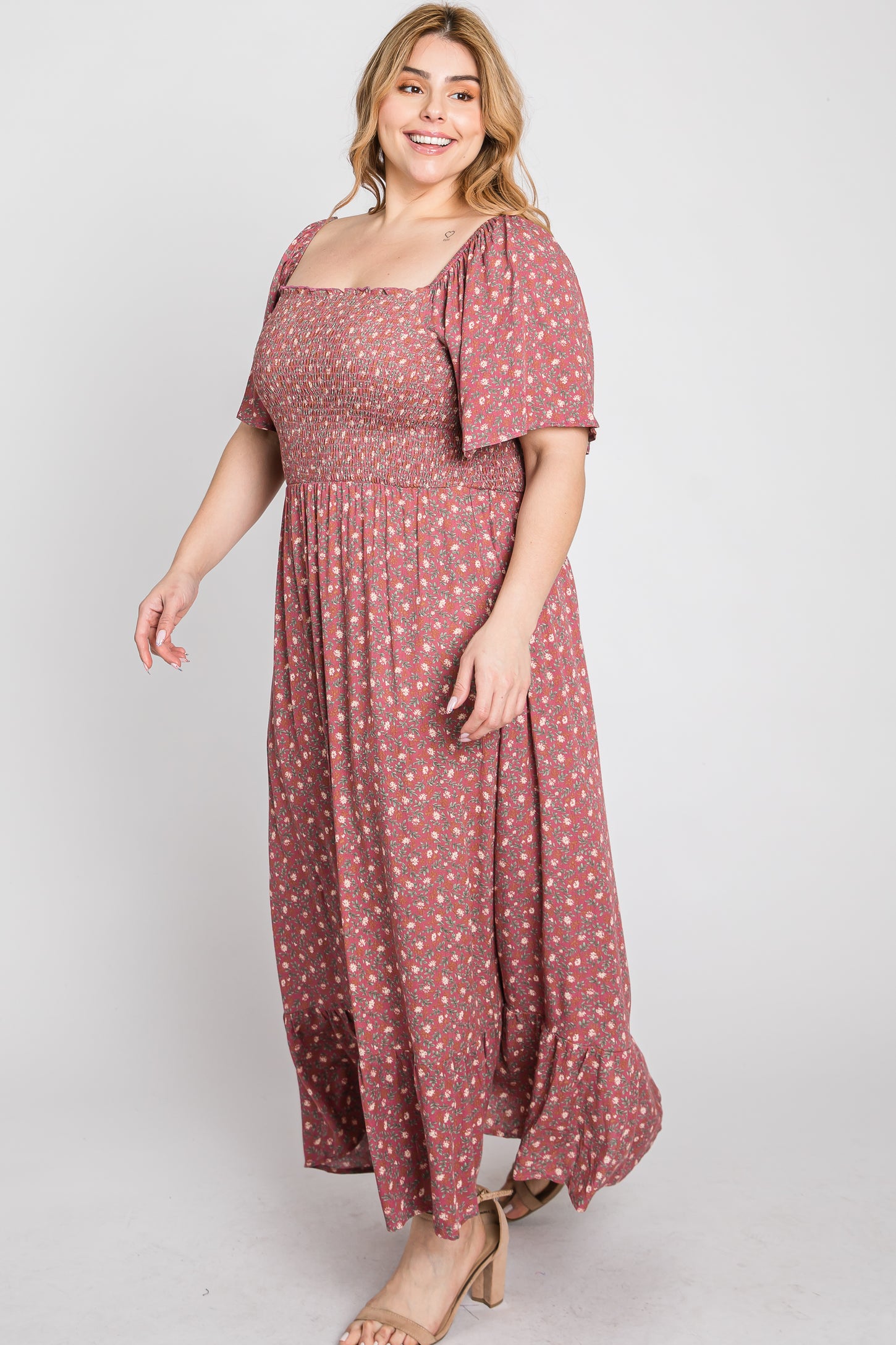 Mauve Floral Smocked Square Neck Plus Midi Dress