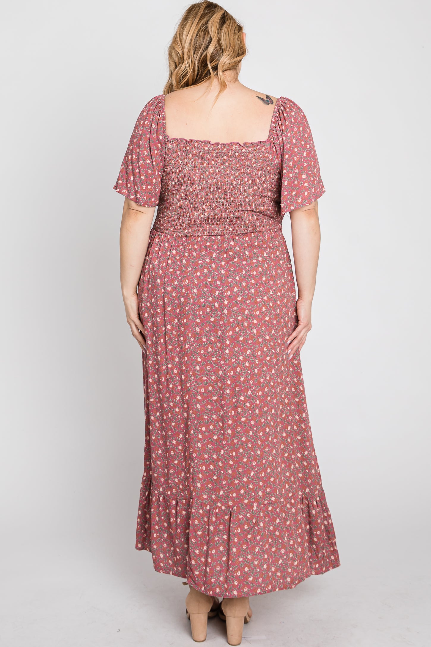 Mauve Floral Smocked Square Neck Plus Midi Dress