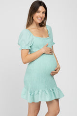 Mint Green Smocked Puff Sleeve Maternity Dress