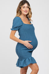 Blue Smocked Puff Sleeve Maternity Dress