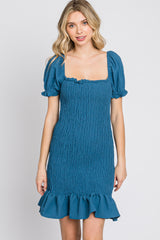 Blue Smocked Puff Sleeve Maternity Dress