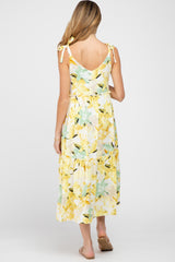 Yellow Floral Tiered Shoulder Tie Maternity Midi Dress