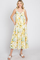Yellow Floral Tiered Shoulder Tie Maternity Midi Dress