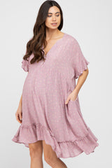 Lavender Floral Short Sleeve Ruffle Hem Maternity Dress