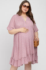 Lavender Floral Short Sleeve Ruffle Hem Plus Maternity Dress