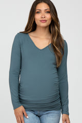 Dark Teal Long Sleeve Fitted Ruched Maternity Top