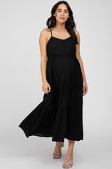 Black Button Front Tiered Maternity Midi Dress