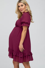 Magenta Chiffon Puff Sleeve Ruffle Maternity Dress