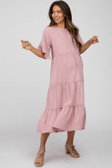 Mauve Tiered Ruffle Sleeve Maternity Midi Dress