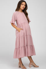 Mauve Tiered Ruffle Sleeve Maternity Midi Dress
