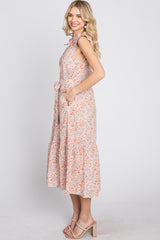Peach Floral Ruffle Neck Midi Dress