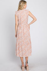 Peach Floral Ruffle Neck Midi Dress