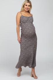 Charcoal Ditsy Floral Side Slit Maternity Maxi Dress