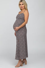 Charcoal Ditsy Floral Side Slit Maternity Maxi Dress