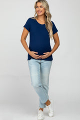Navy Blue Basic Maternity Short Sleeve Top