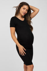 Black Ruched Short Sleeve Maternity Dress