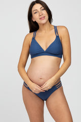 Navy Blue Strappy Cutout Two-Piece Maternity Bikini Set