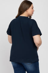 Navy Blue V-Neck Short Sleeve Side Slit Maternity Plus Top