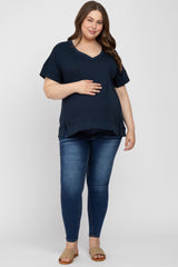 Navy Blue V-Neck Short Sleeve Side Slit Maternity Plus Top