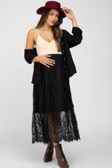 Black Lace Pleated Scalloped Maternity Maxi Skirt