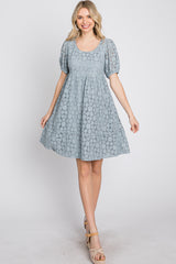 Blue Floral Lace Short Sleeve Dress