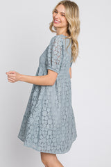 Blue Floral Lace Short Sleeve Dress