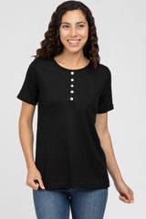 Black Button Front Waffle Knit Short Sleeve Maternity Top