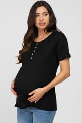 Black Button Front Waffle Knit Short Sleeve Maternity Top
