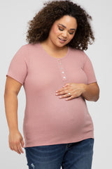 Mauve Button Front Waffle Knit Short Sleeve Maternity Plus Top