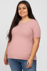 Mauve Button Front Waffle Knit Short Sleeve Maternity Plus Top