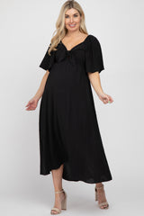 Black Textured Dot Front Tie Ruffle Sleeve Maternity Midi Dress