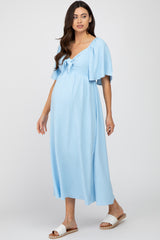 Light Blue Textured Dot Front Tie Ruffle Sleeve Maternity Midi Dress