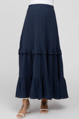Navy Blue Cotton Gauze Ruffle Tiered Maternity Maxi Skirt
